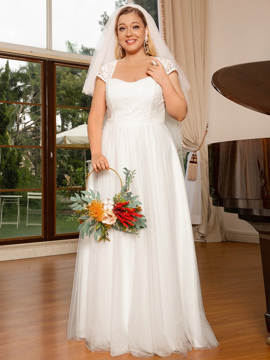 Plus Size Square Neckline A-line Cover Sleeves Wedding Dress
