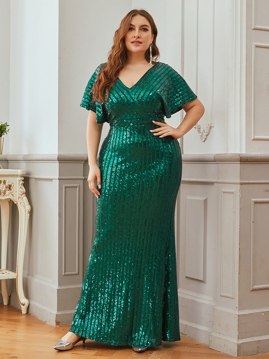 Plus Size Flare Sleeves Sequin Evening Drees