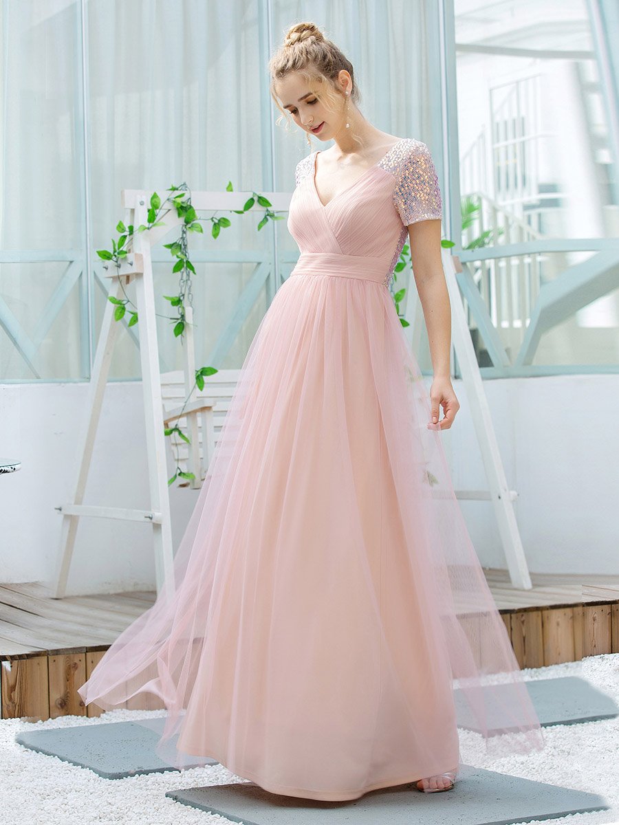 Sweet V Neck A-Line Tulle Bridesmaid Dress with Sequin