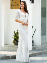 Load image into Gallery viewer, Deep V Neckline Sequin Tassels Prom Dresses with Half Sleeves
