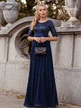 Load image into Gallery viewer, Elegant Round Neckline 3/4 Sleeve Sequins Patchwork Evening Dress
