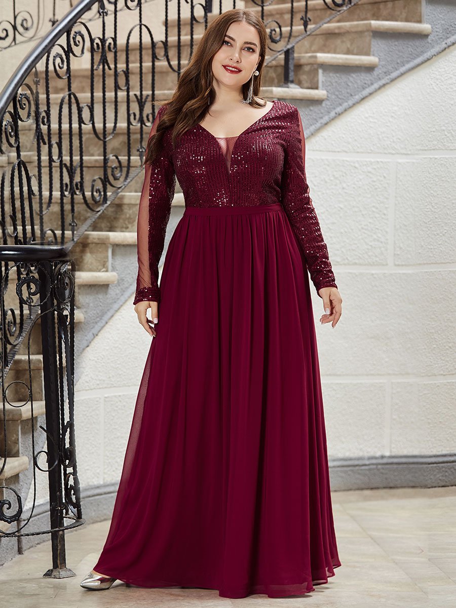See-through Plus Size Sequin Evening Dress with Long Sleeve