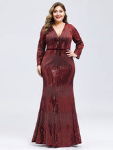 Load image into Gallery viewer, Plus Size Deep V-Neck Sequin Evening Dress with Long Sleeve
