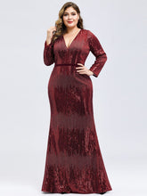 Load image into Gallery viewer, Plus Size Deep V-Neck Sequin Evening Dress with Long Sleeve
