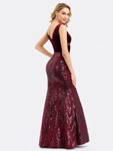 Load image into Gallery viewer, Double V-Neck Velvet and Sequin Print Mermaid Dress
