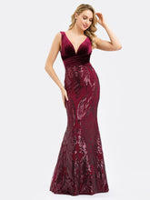 Load image into Gallery viewer, Double V-Neck Velvet and Sequin Print Mermaid Dress
