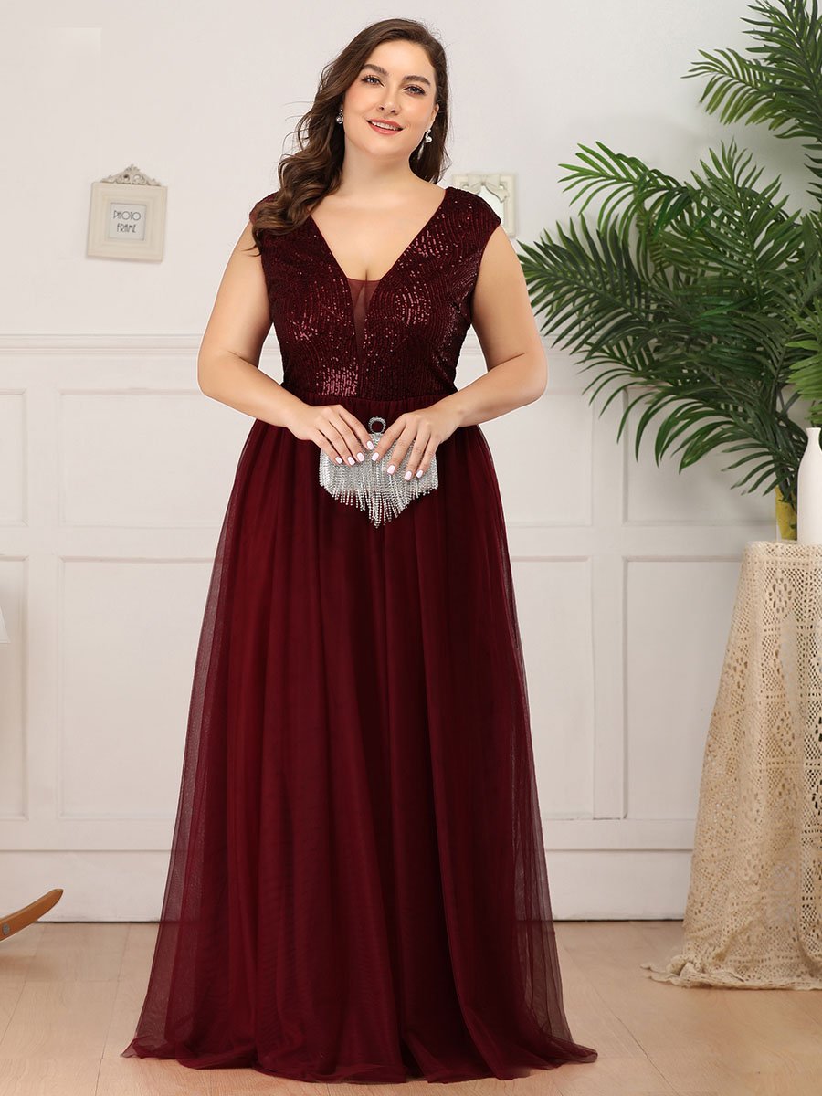 Maxi Long Plus Size Sequin Prom Dress With Cap Sleeve