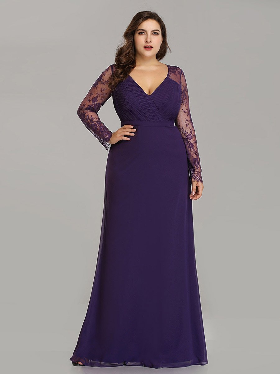 Plus Size Lace Sleeves V-Neck Evening Dress